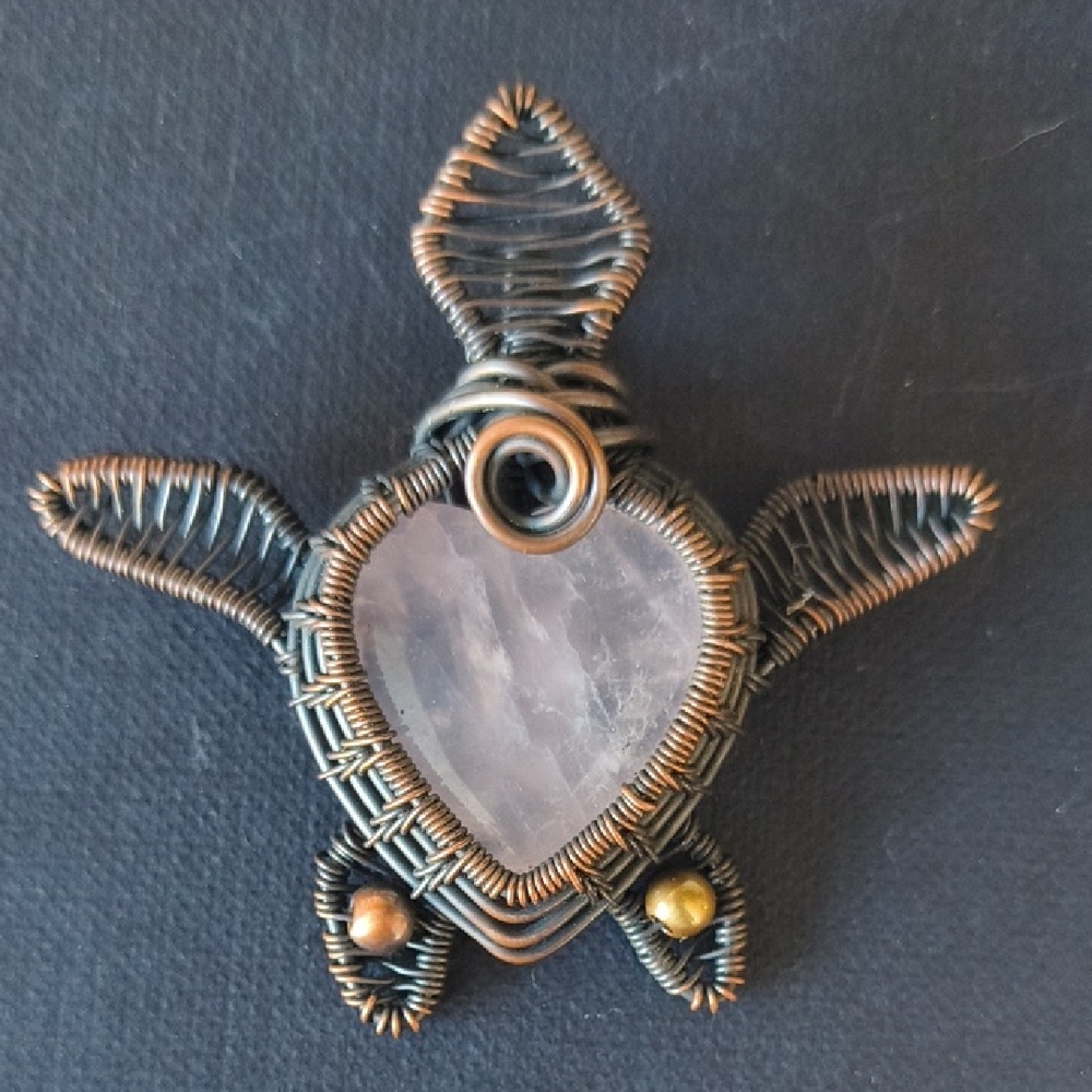 Wire Wrapped Turtle Pendant with Rose Quartz